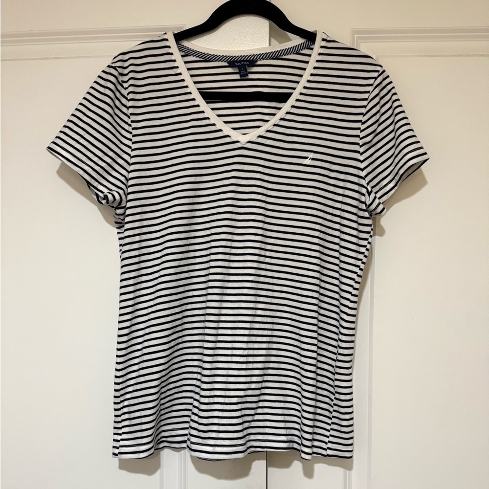 Nautica Women's Short-Sleeve V-Neck Tee in White and Navy Stripes